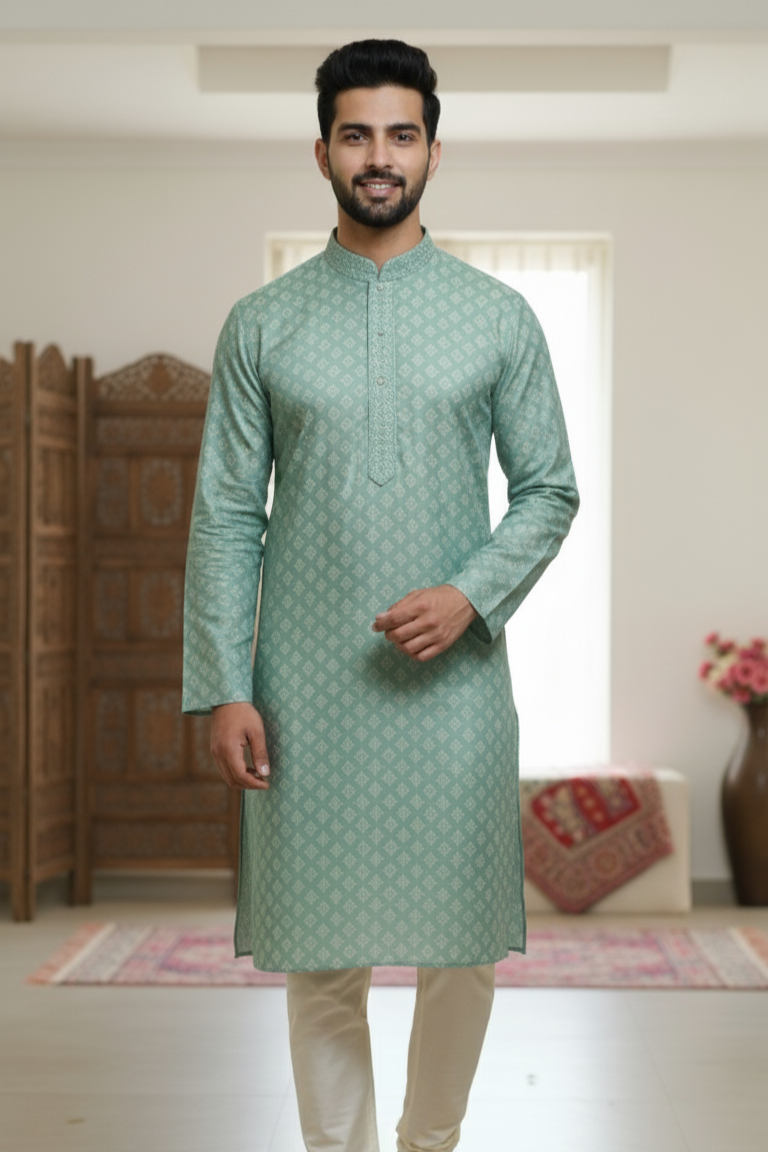 Men’s Light Teal Green Jacquard Cotton Kurta with Embroidered Placket