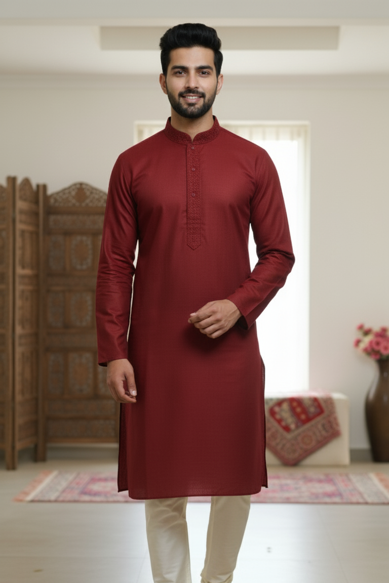 Men’s Mustard Yellow Cotton Kurta with White Churidar