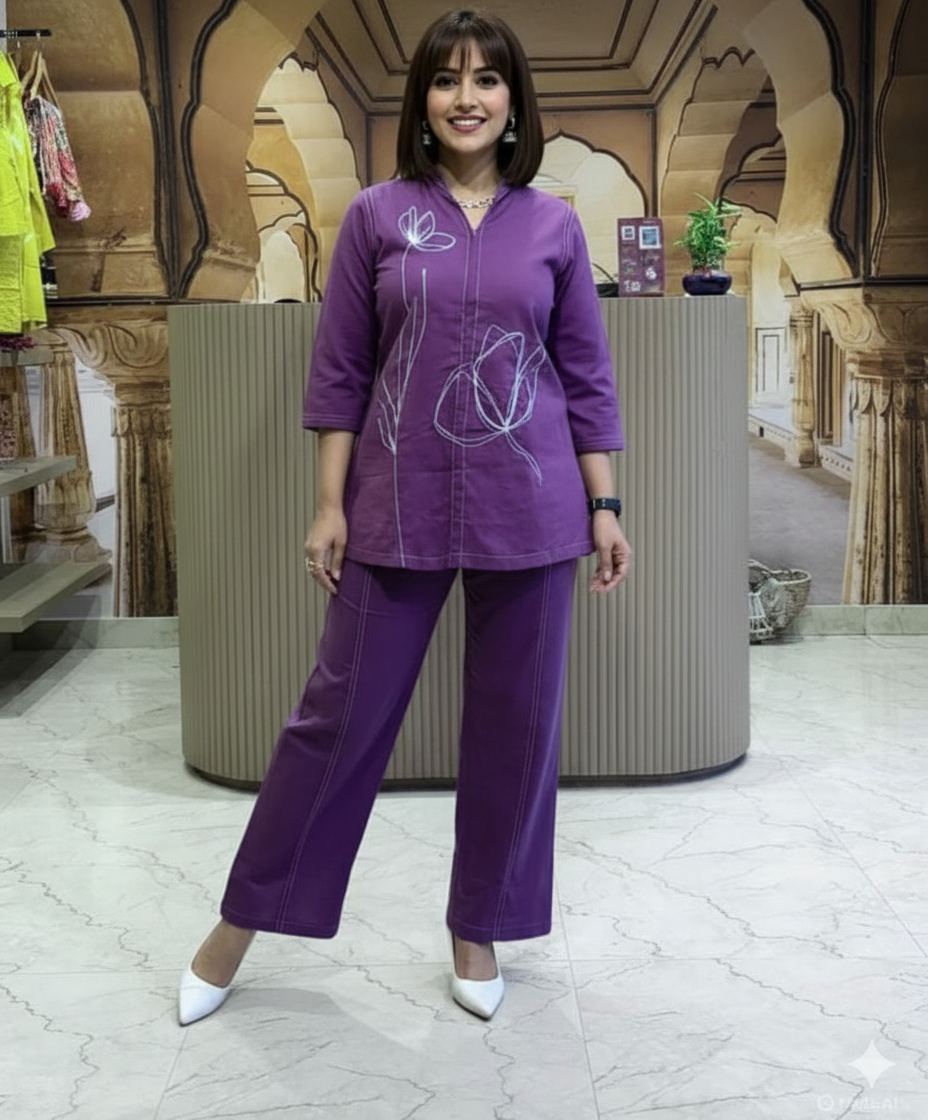 Magenta Pink Cotton Embroidered Co-Ord Set