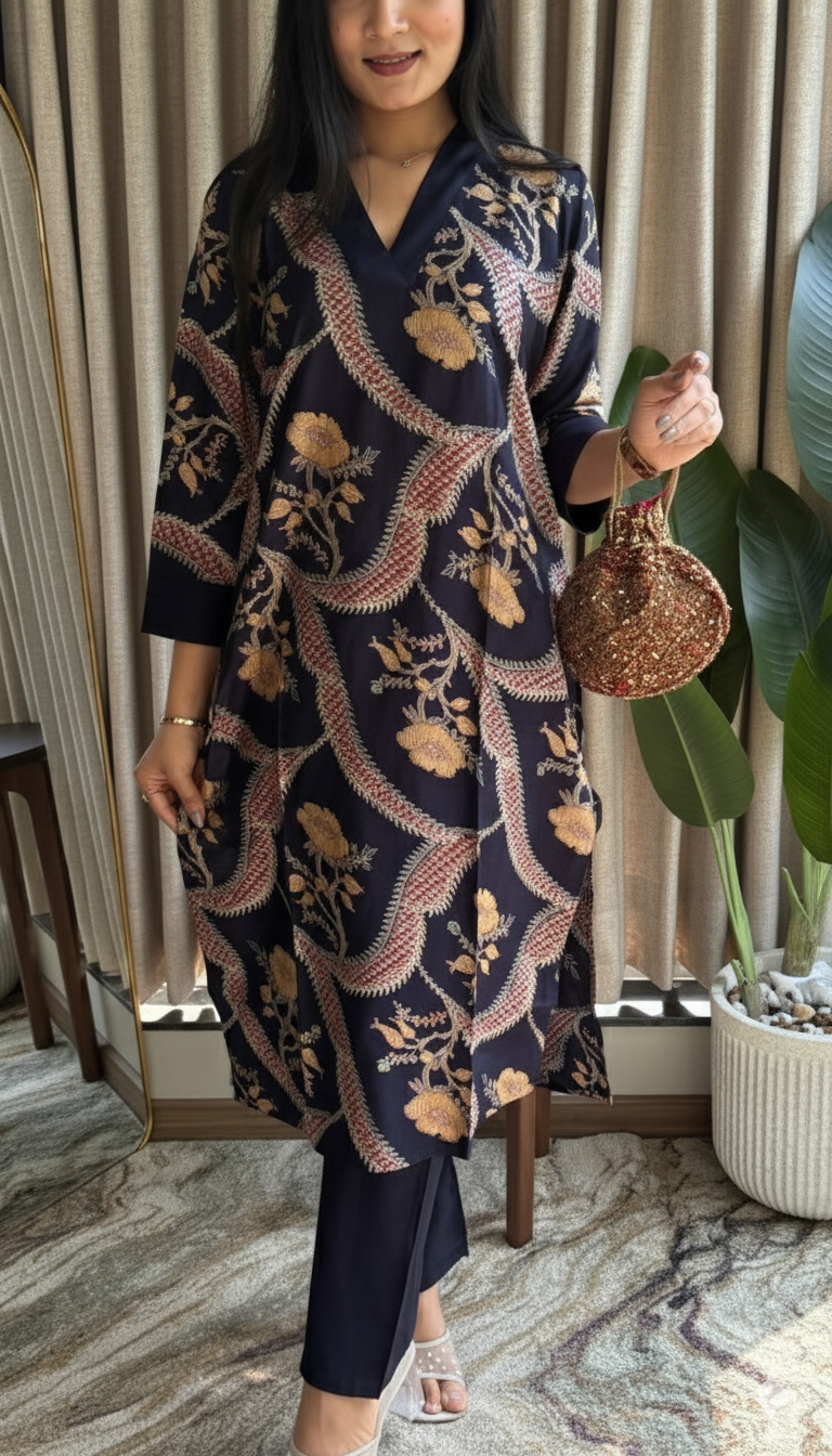 Navy Blue Vertical Silk Print Kurta Set with Elegant Accessories – Festive & Contemporary Wear
