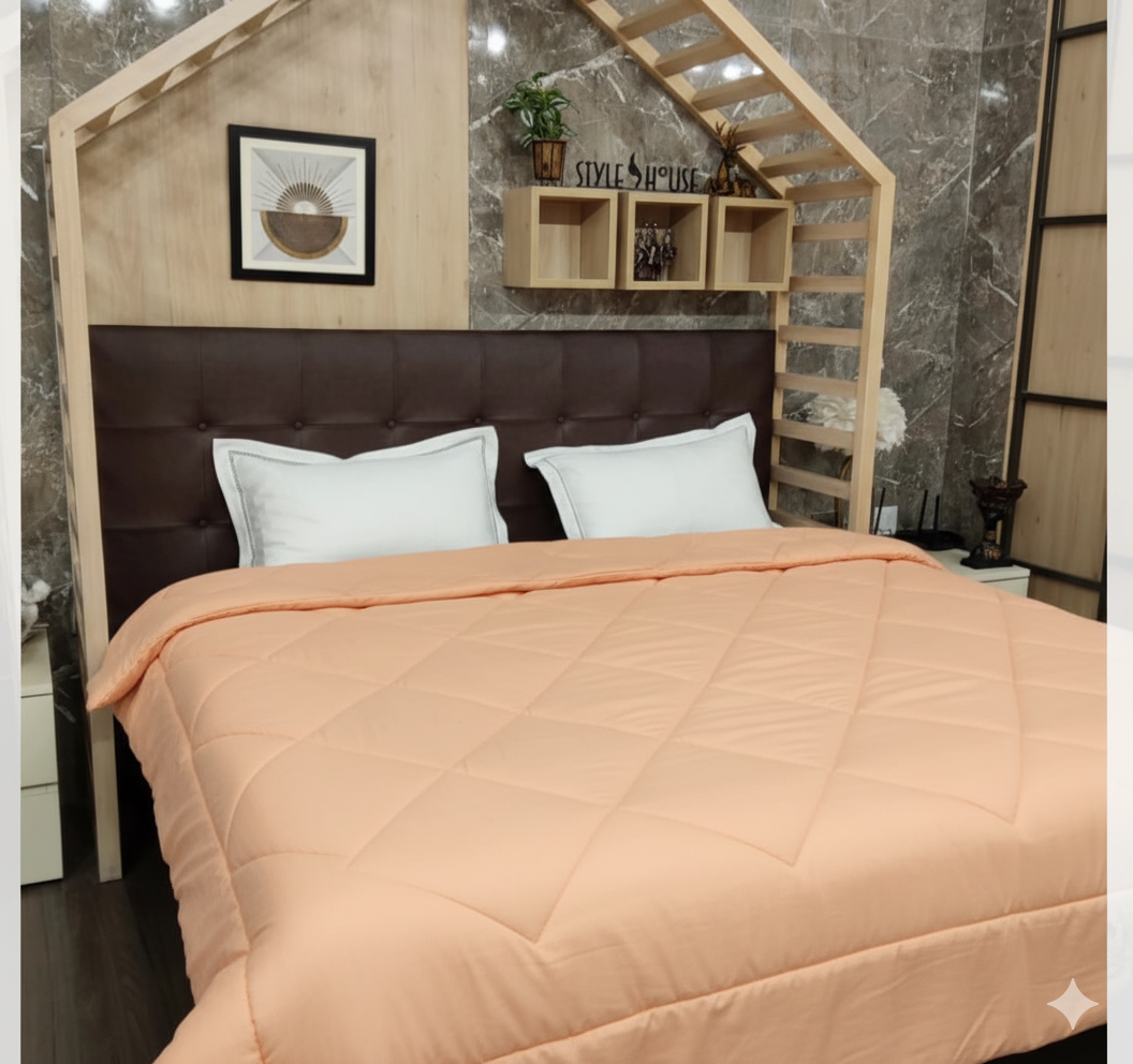 Reversible Fine Glace Cotton Comforter with Microfiber Filling & Lace Border – Solid + Peach Floral Print