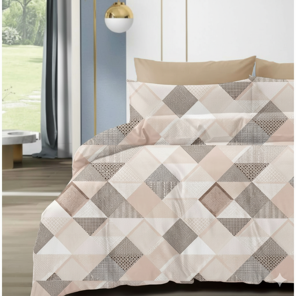 Luxury 210 TC Cotton Bedsheet with 2 Pillow Covers – Geometric Dual Color Design, 108x108 Inches