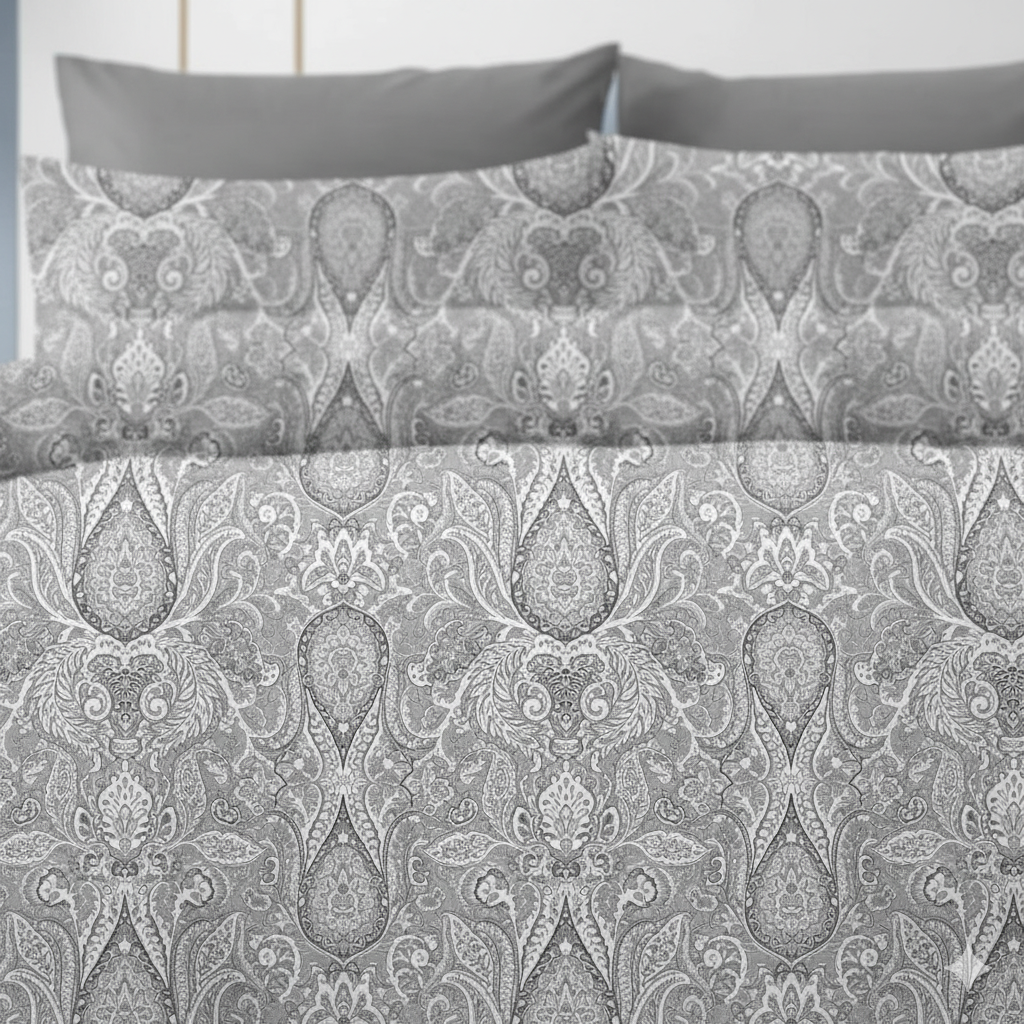 Premium Grey & White Paisley Print Cotton Bedsheet – 210 TC, King Size (108x108 inches)