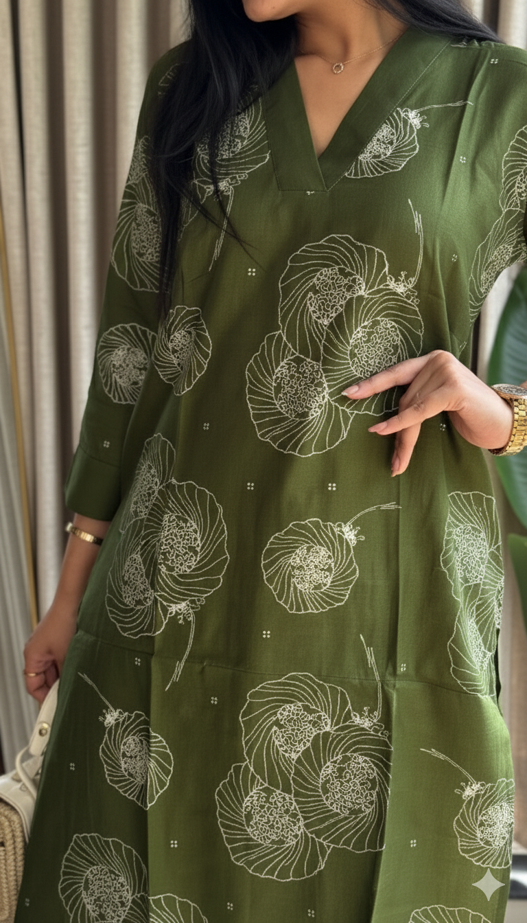 Olive Green Vertical Silk Print Kurta Set with Straight Pants