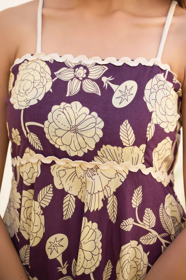 Wine Floral Print Fit & Flare Cotton Stitched Dress