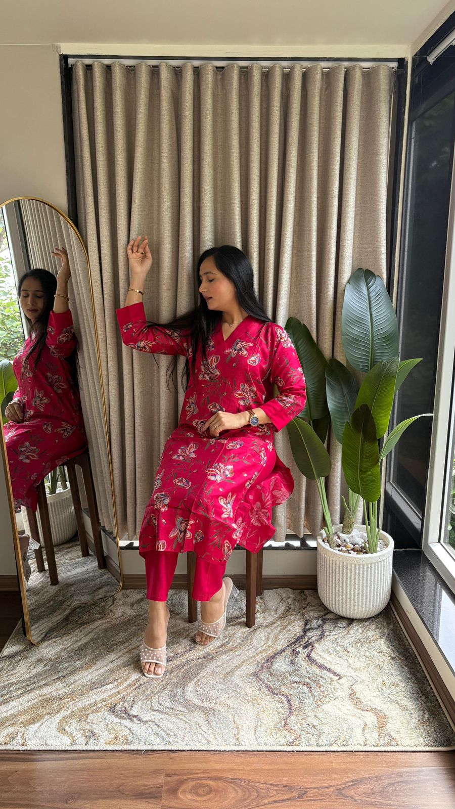 Crimson Vertical Silk Print Kurta Set with Straight Pants