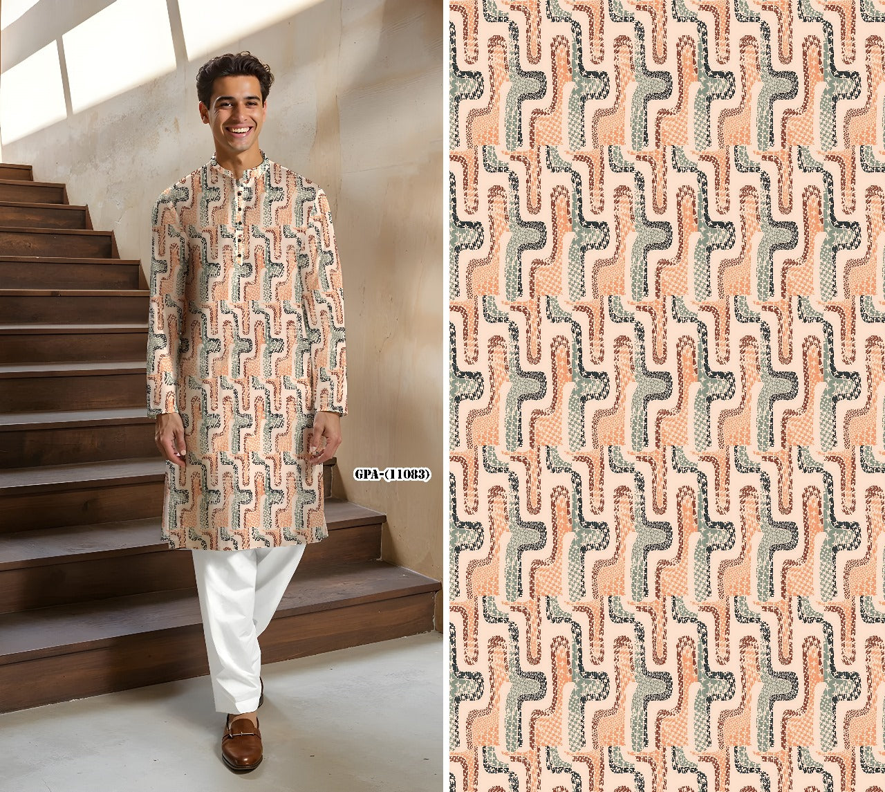Men’s Peach & Grey Abstract Printed Cotton Kurta