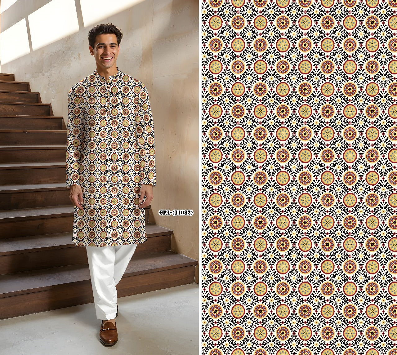 Men’s Geometric Mandala Printed Cotton Kurta