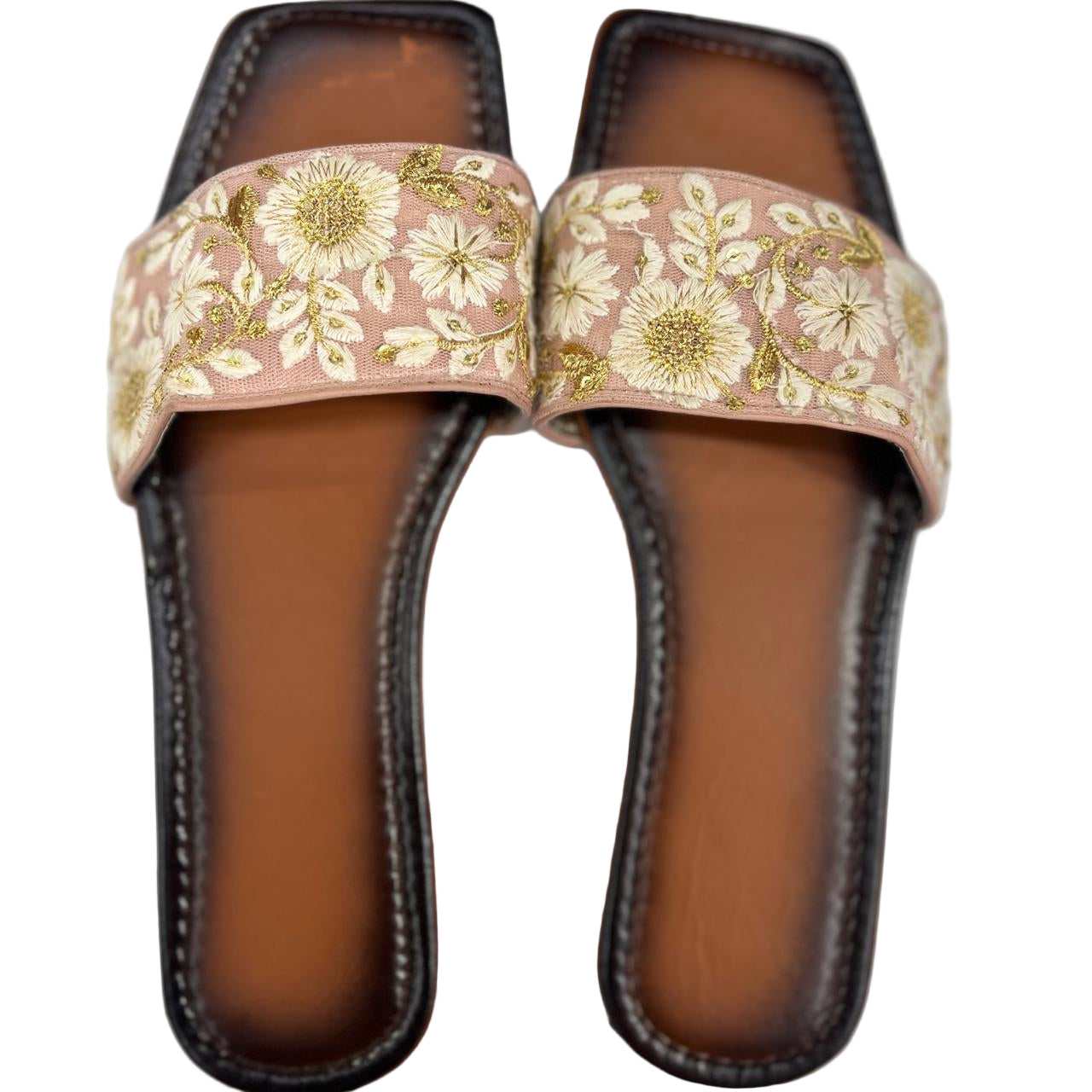 Embroidered Blush Pink Ethnic Slip-On Flats with Golden Detailing