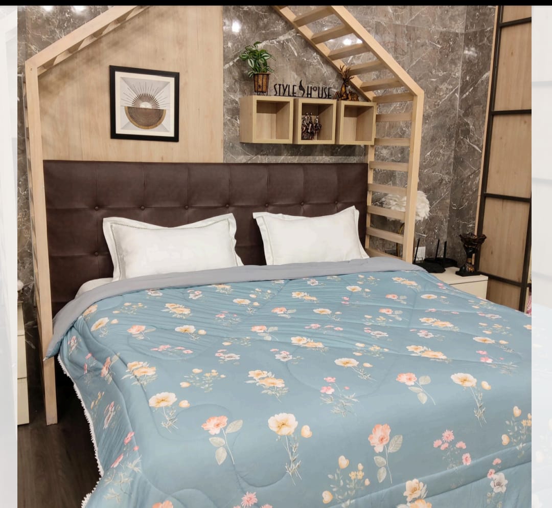 Reversible Fine Glace Cotton Comforter with Microfiber Filling & Lace Border – Solid + Blue Floral Print
