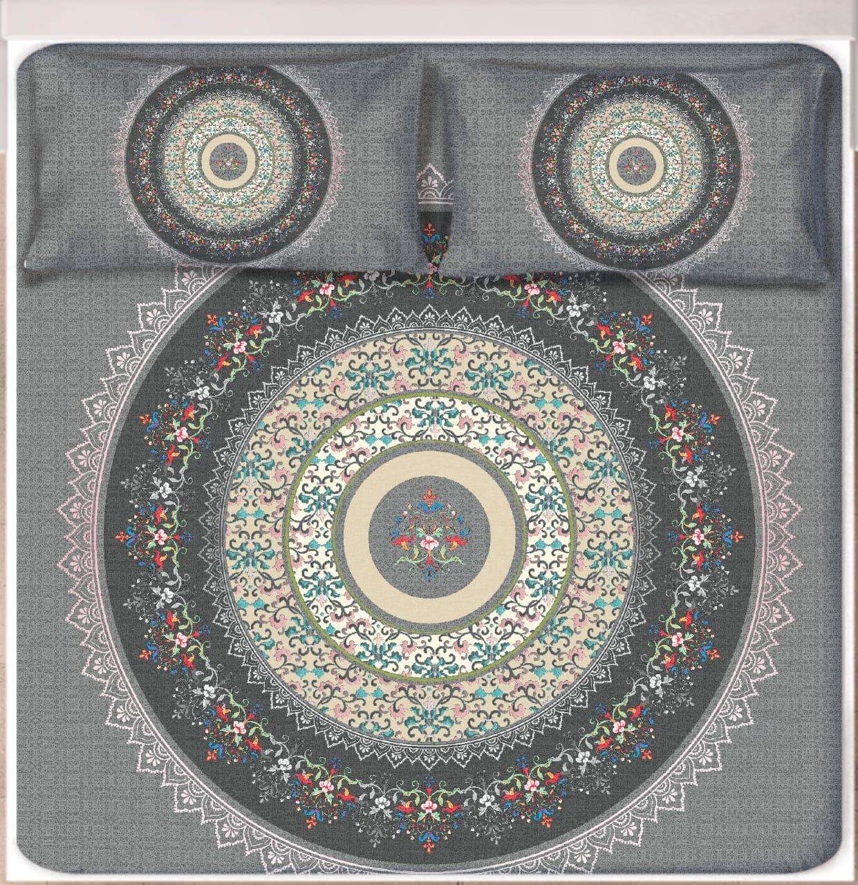 Digital Print Satin Cotton Bedsheet – Grey Mandala Elegance