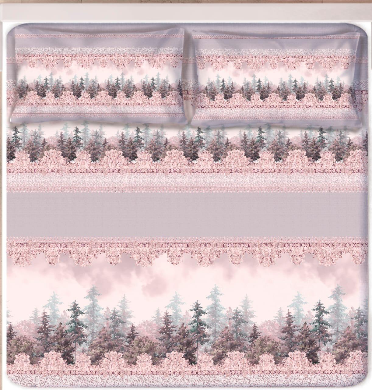 Digital Print Satin Cotton Bedsheet – Blush Forest Serenity