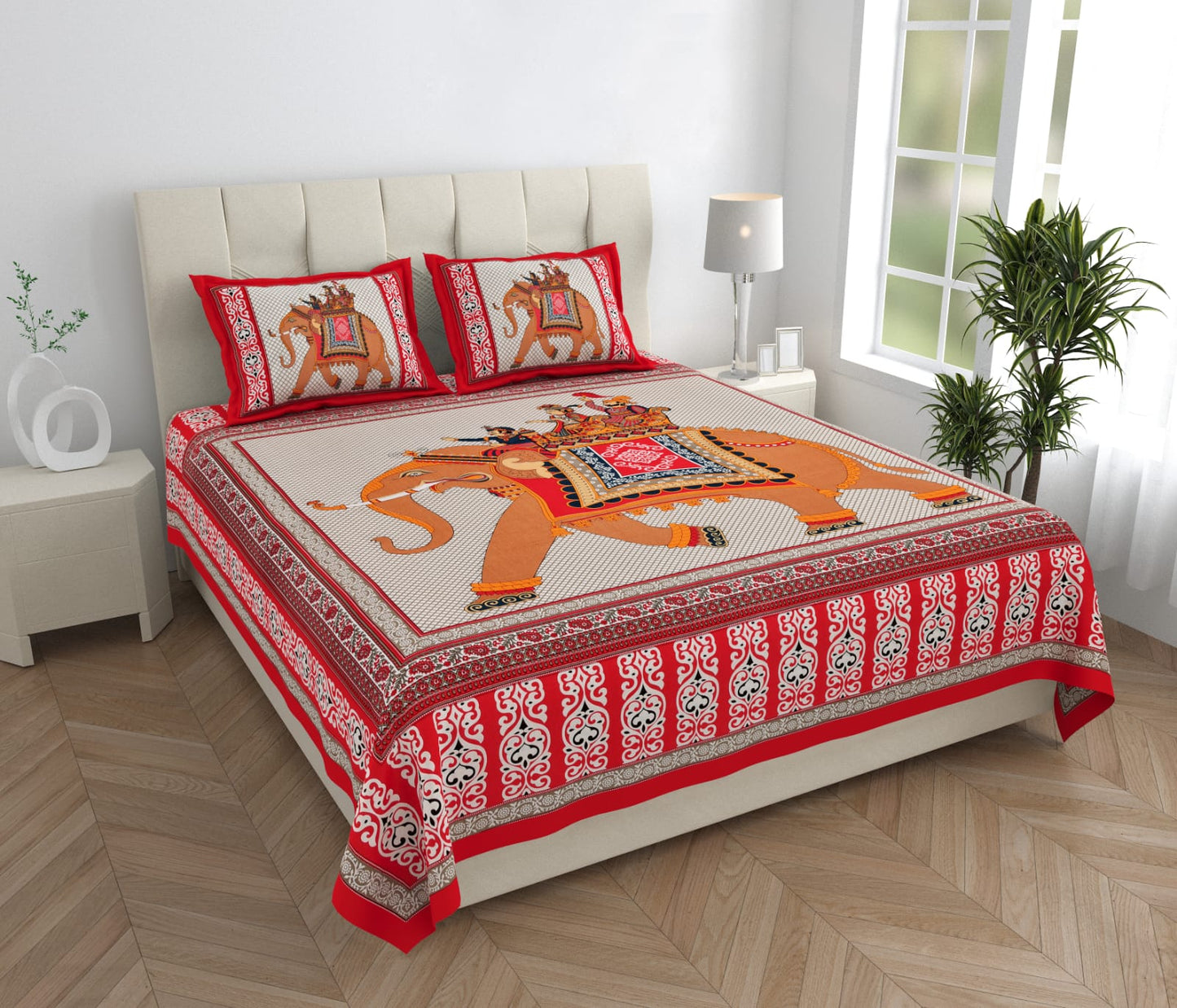 Premium 210 TC Cotton Double Bedsheet with Pillow Covers β Traditional Elephant Print, Red & Beige β Soft & Durable Bed Linen Set