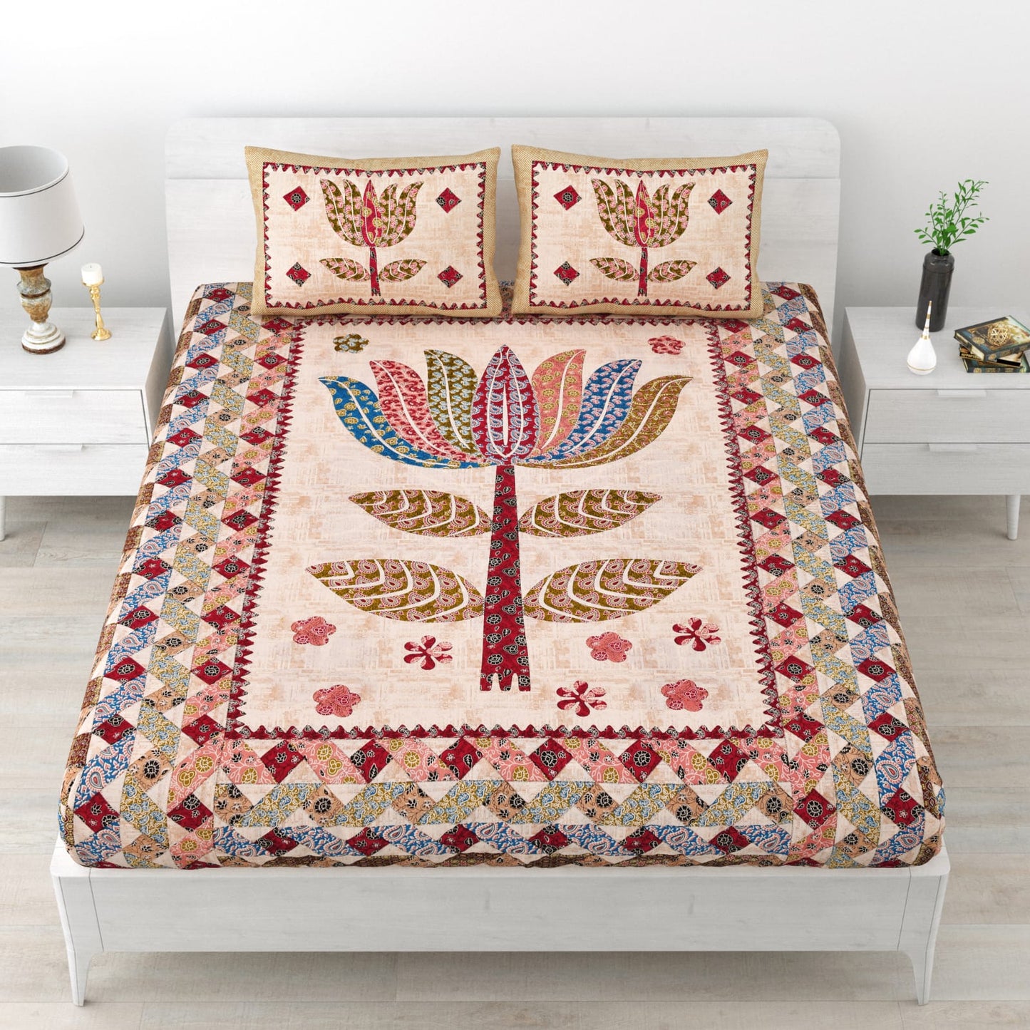 Premium 210 TC Cotton Double Bedsheet with 2 Pillow Covers – Traditional Lotus Print