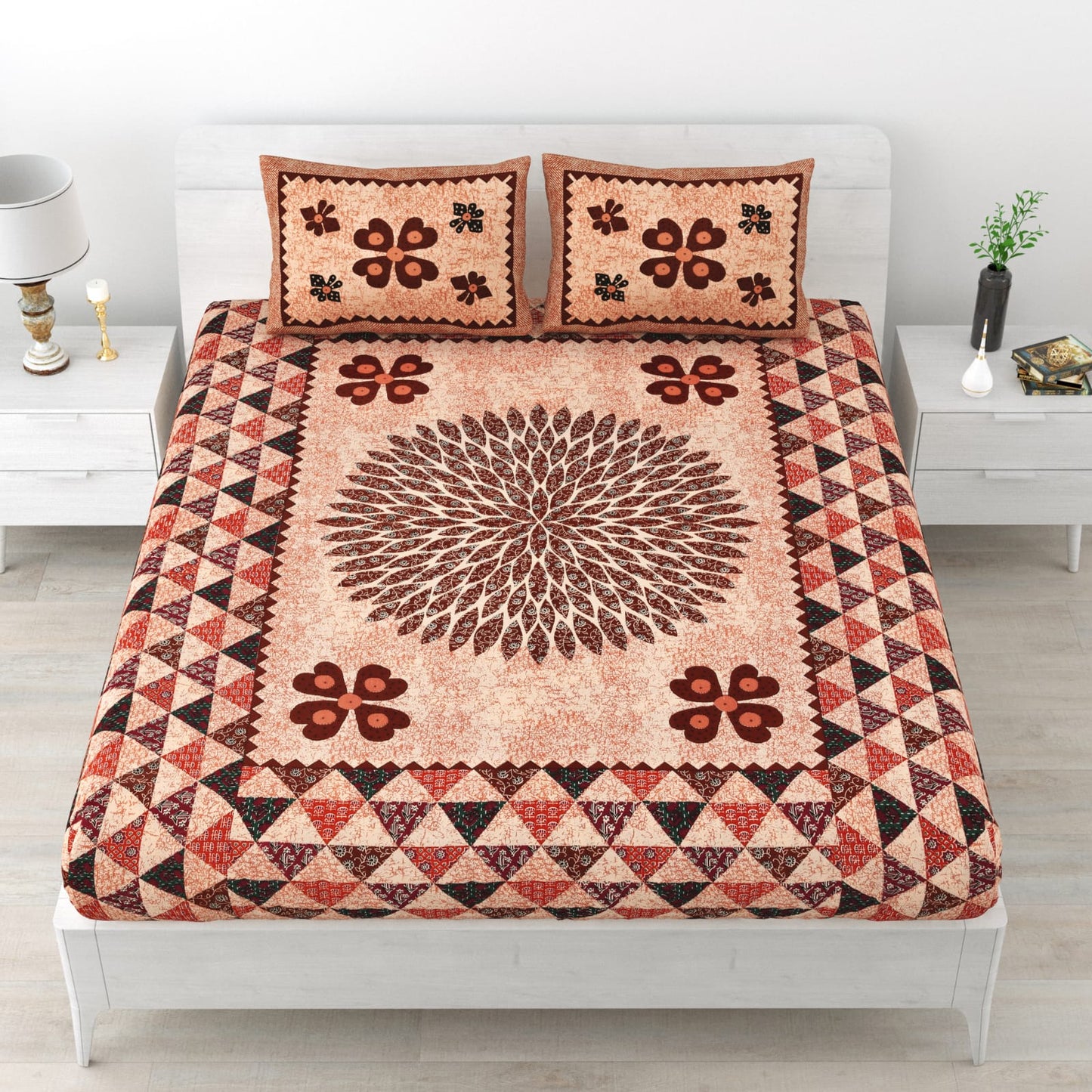 Premium TC 210 Double Bedsheet with 2 Pillow Covers | Cotton | Traditional Brown & Beige Floral Print