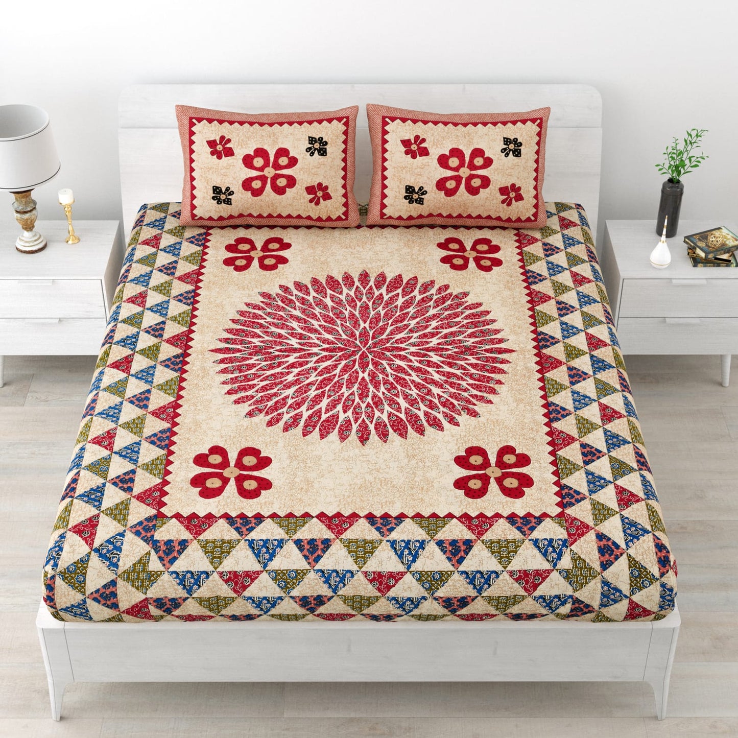 Premium Cotton Double Bed Sheet with Pillow Covers – 210 TC, Floral & Geometric Print