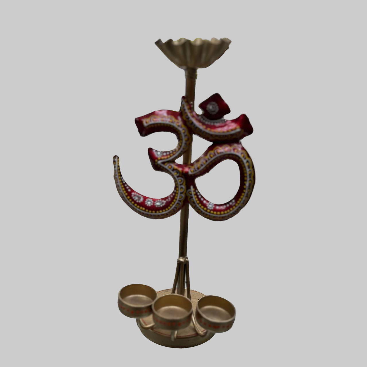 Decorative Brass Om Diya Stand with 3 Diyas & Agarbatti Holder