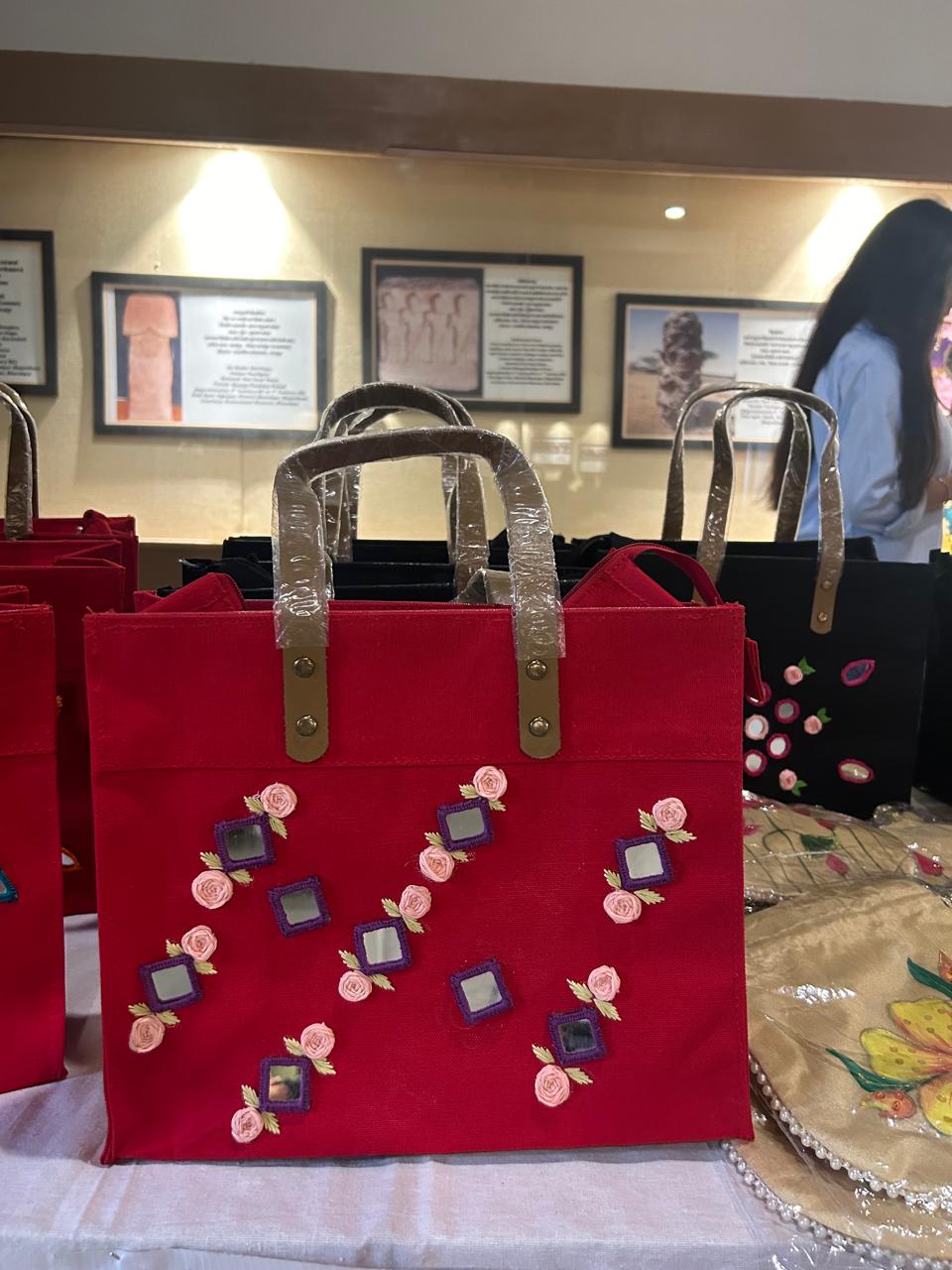 Red Laminated Canvas Tote Bag with Mirror & Floral Embroidery – Handmade Handbag