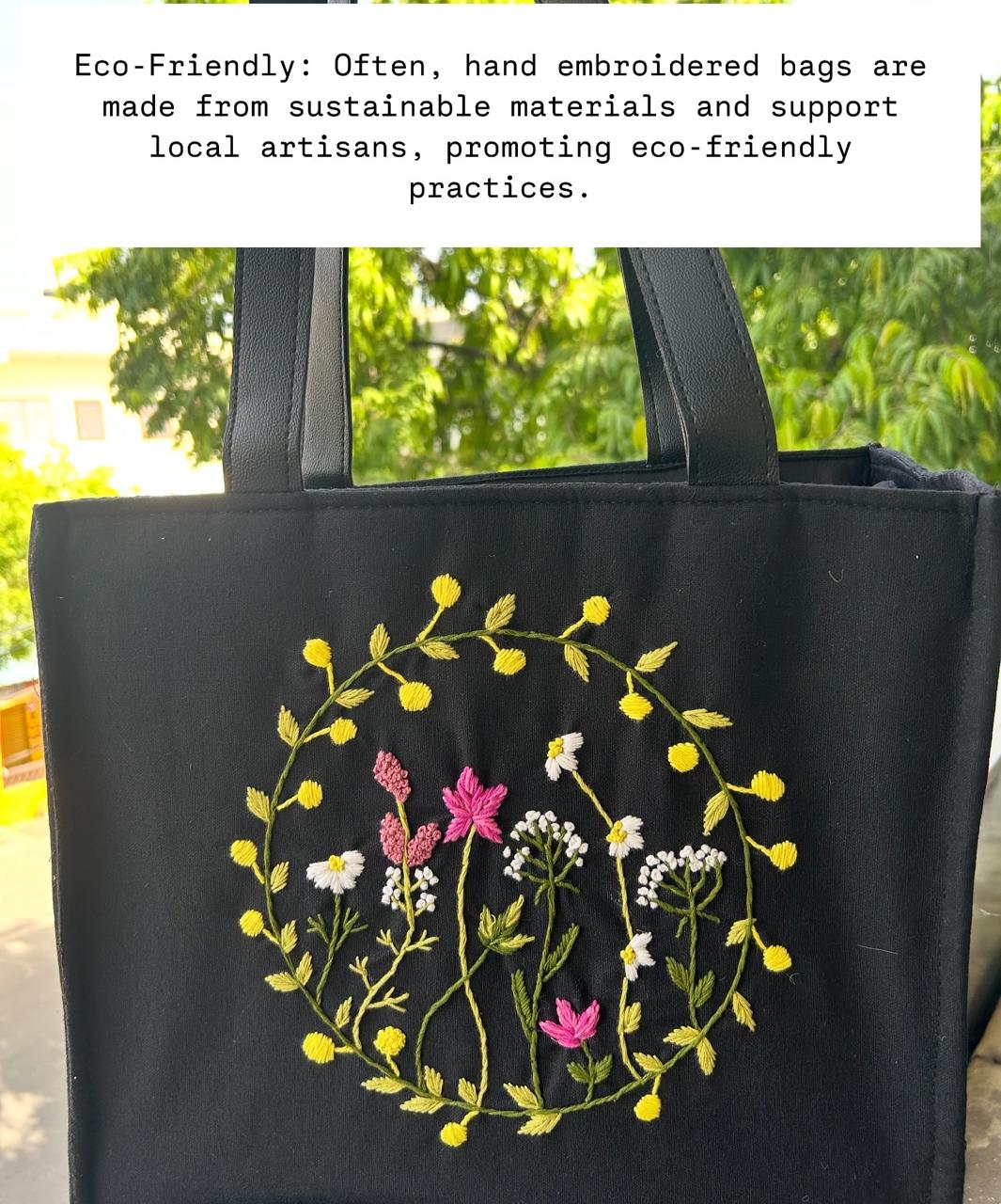 Black Cotton Canvas Tote Bag with Hand Embroidered Floral Wreath & PU Leather Straps – 13.5 x 12 x 6 inch