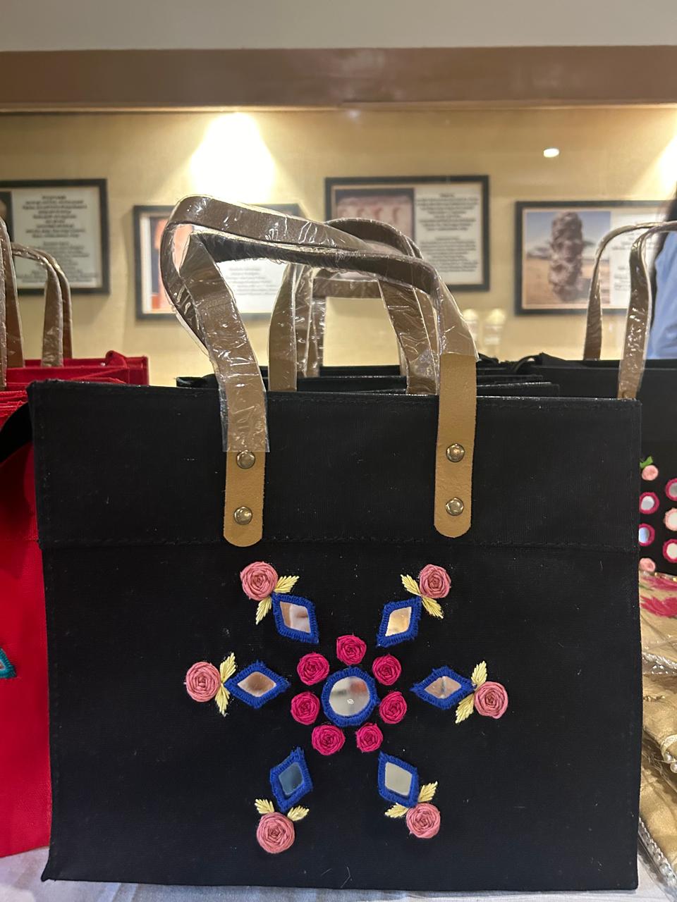 Black Laminated Canvas Tote Bag with Pink Floral & Mirror Embroidery – Handmade Handbag (12 x 10 x 6 inch)
