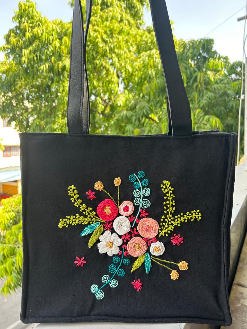 Black Cotton Canvas Tote Bag with Hand Embroidery & PU Leather Straps – Floral Design (13.5 x 12 x 6 inch)