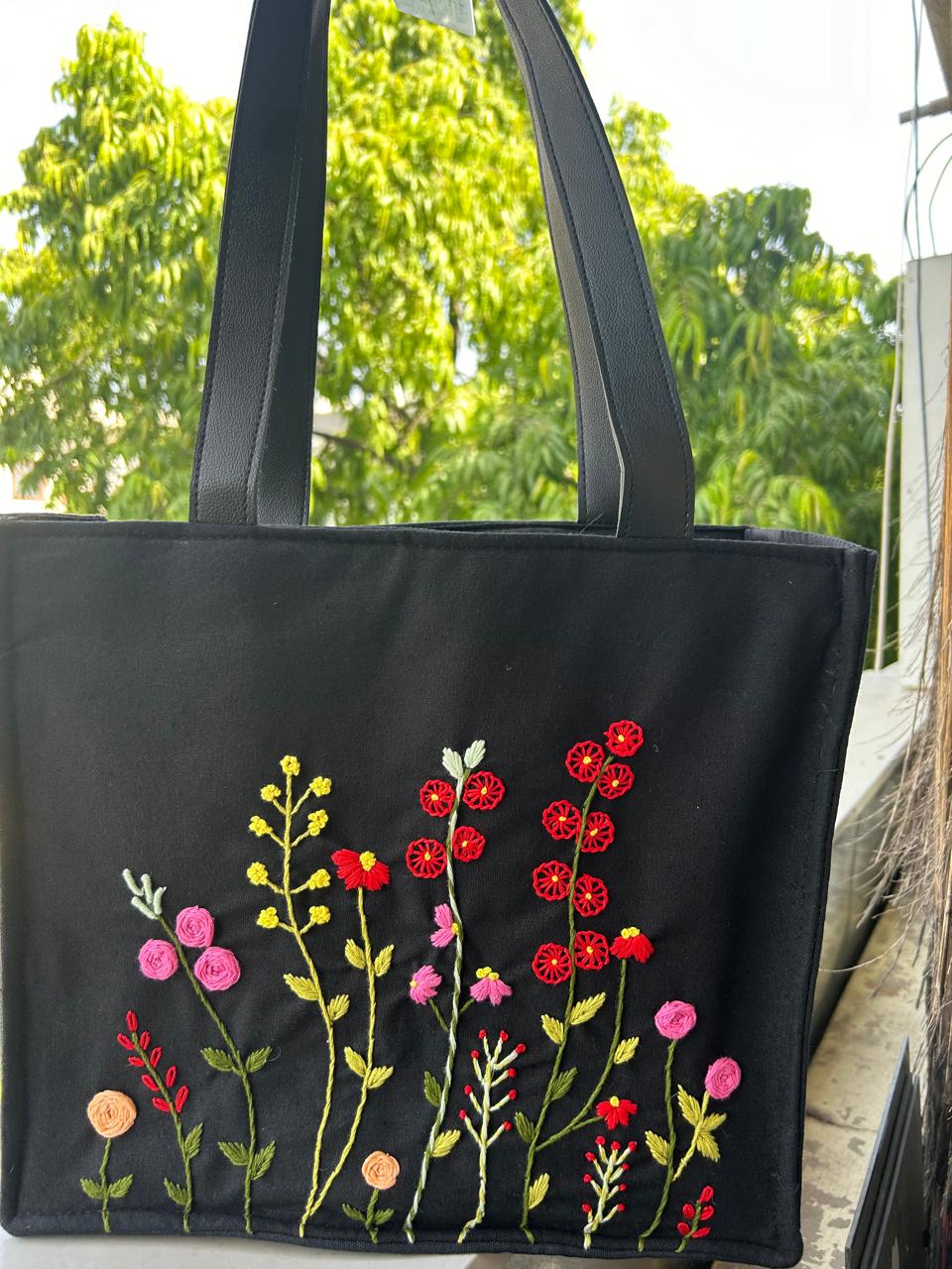Black Cotton Canvas Tote Bag with Hand Embroidered Floral Garden Design & PU Leather Straps – 13.5 x 12 x 6 inch