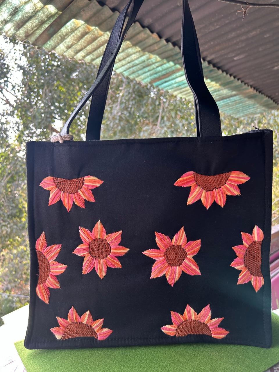 Black Cotton Canvas Tote Bag with Hand Embroidered Sunflowers & PU Leather Straps – 13.5 x 12 x 6 inch