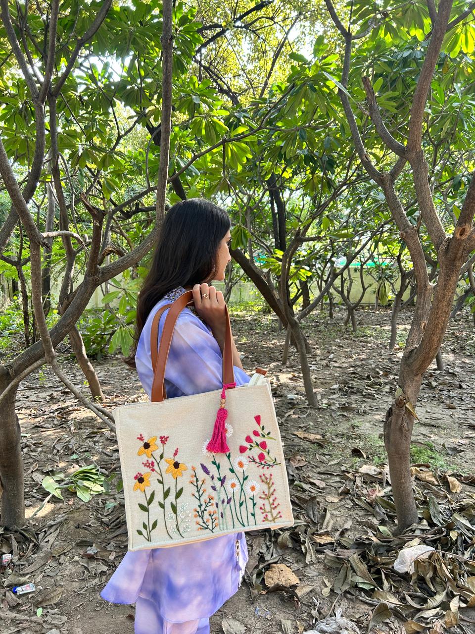Handmade Floral Embroidered Canvas Tote Bag with PU Leather Handles – Beige