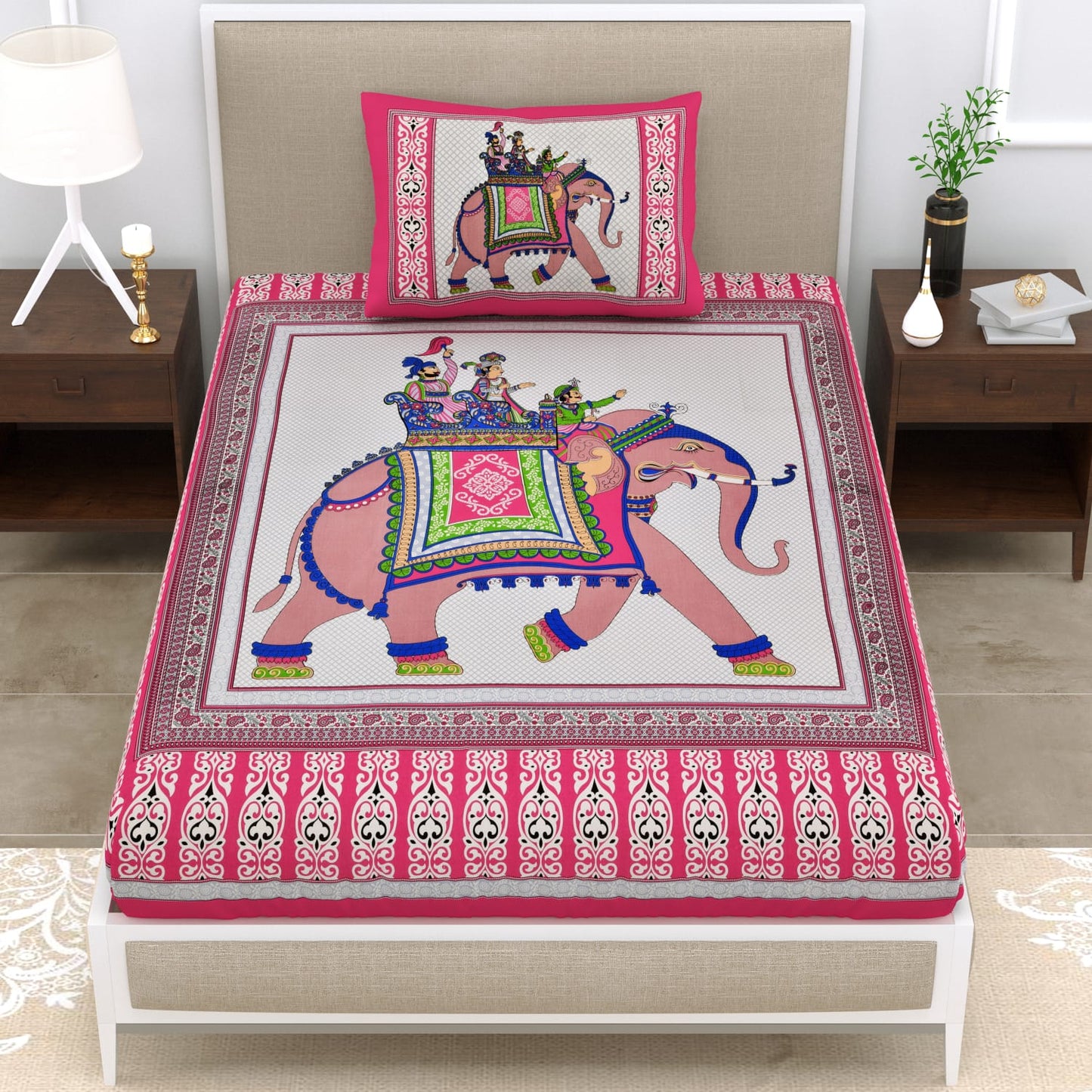 Single Cot Cotton Bedsheet – 150 TC, Traditional Print, Pink with Pillow Cover