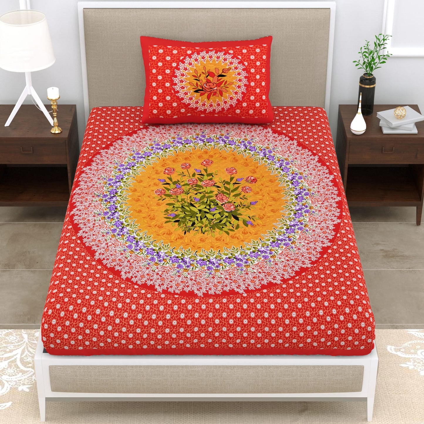Single Cot Cotton Bedsheet 150 TC with Floral Mandala Print & Matching Pillow Cover