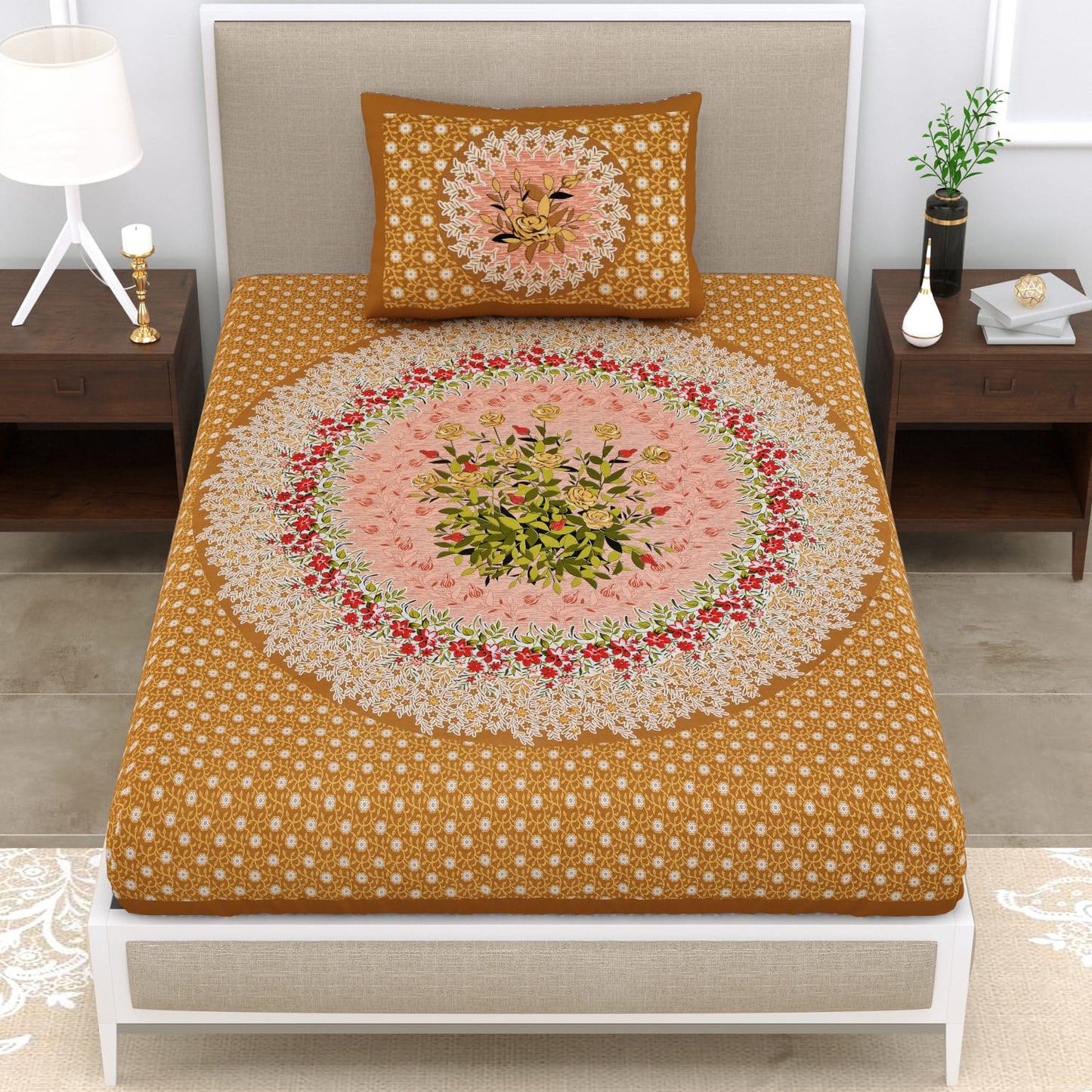 Single Cot Cotton Bedsheet 150 TC with Floral Mandala Print & Pillow Cover – Mustard Peach