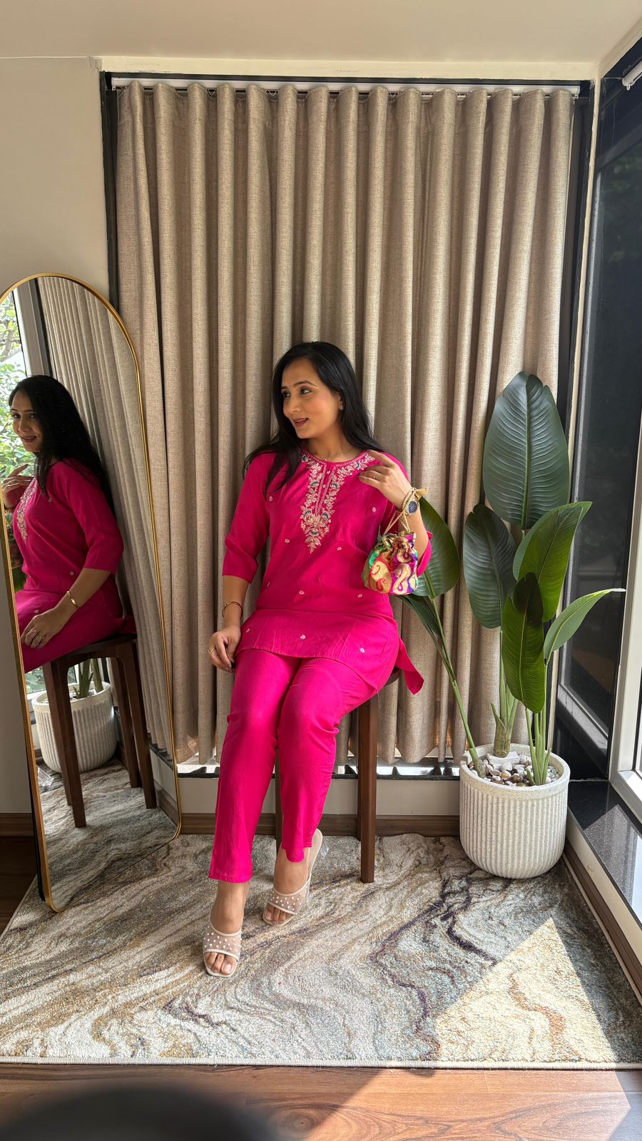 Hot Pink Vertical Silk Cord Set with Embroidered Kurta