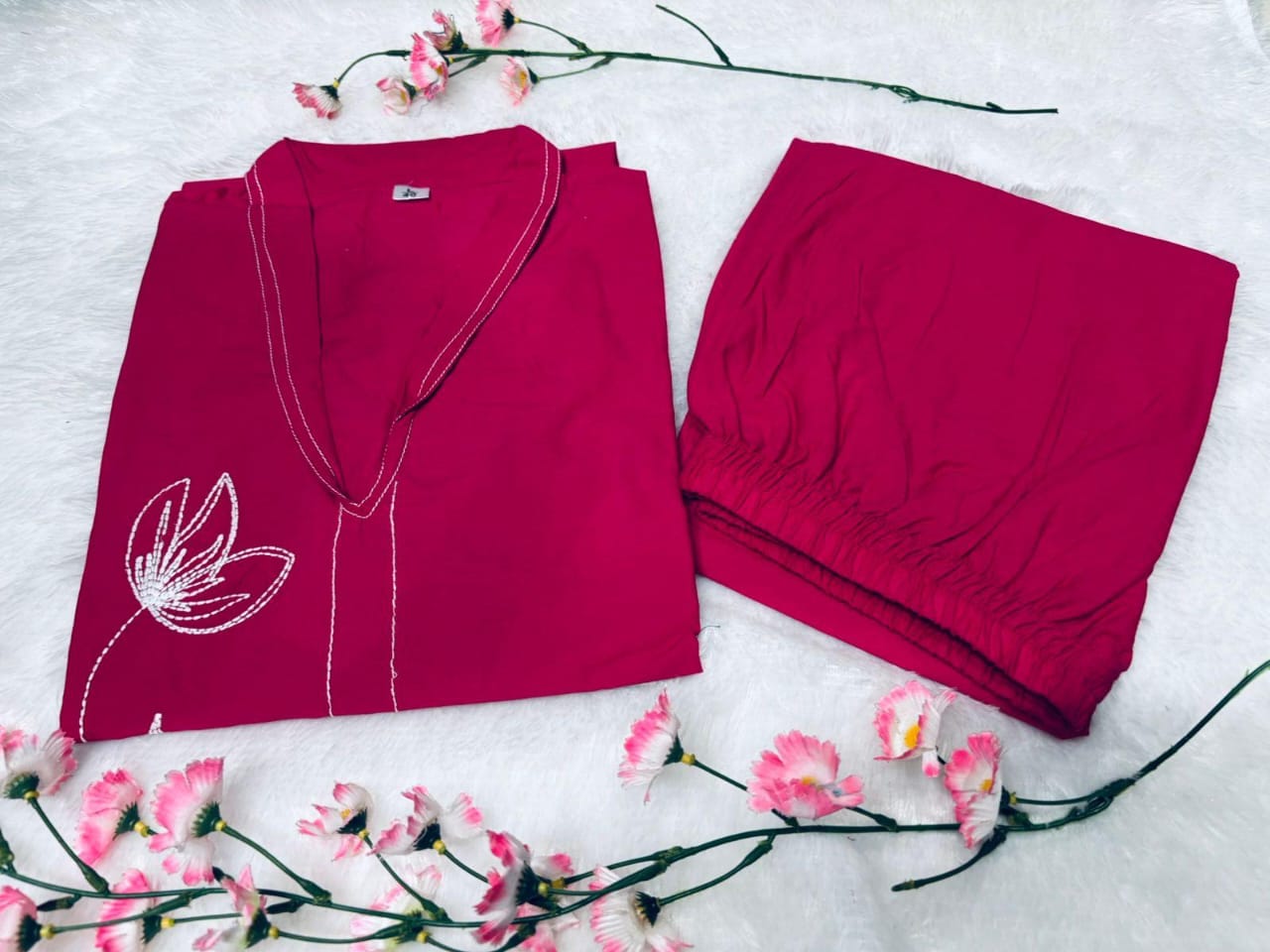 Magenta Pink Cotton Embroidered Co-Ord Set