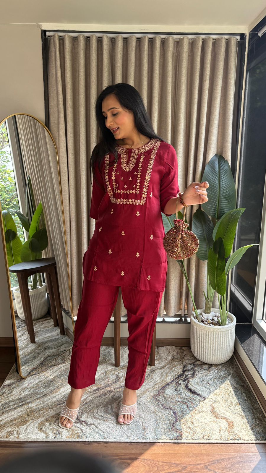 Deep Navy Blue Silk Corde Kurta Set with Golden Embroidery