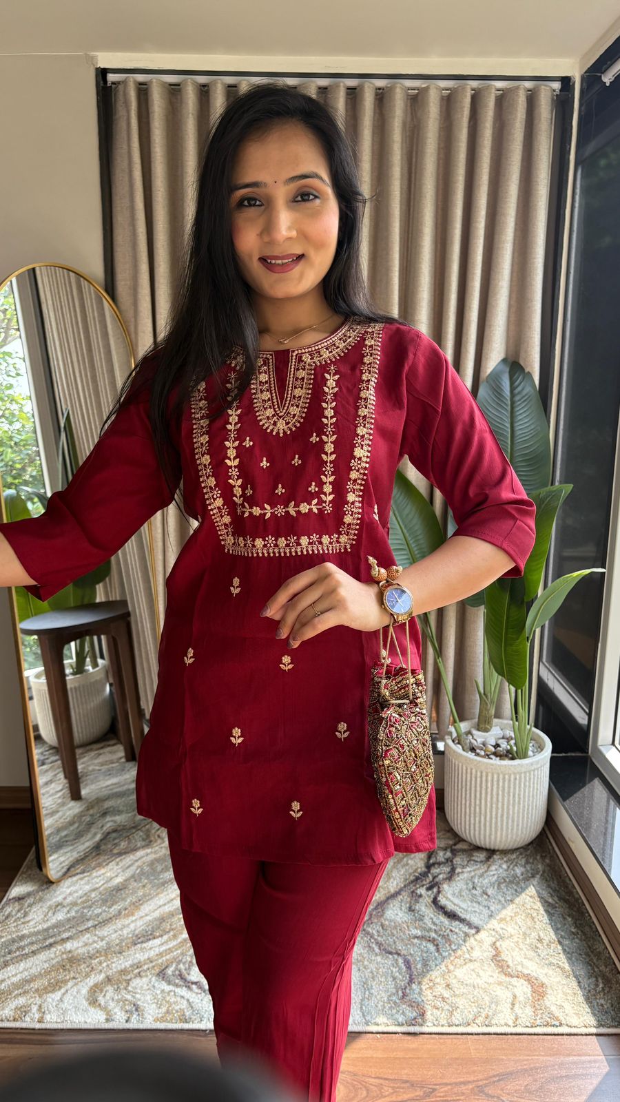 Deep Navy Blue Silk Corde Kurta Set with Golden Embroidery