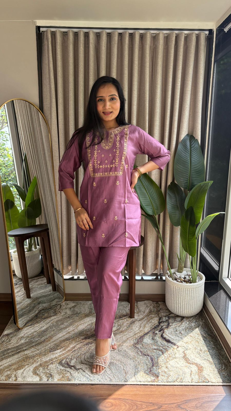 Deep Navy Blue Silk Corde Kurta Set with Golden Embroidery