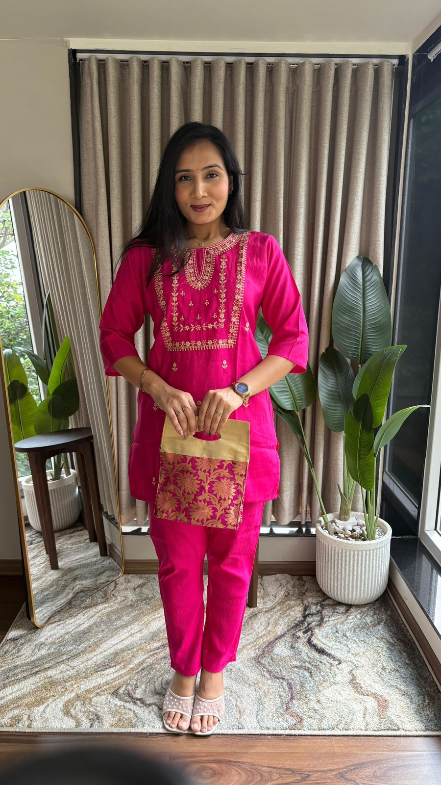 Deep Navy Blue Silk Corde Kurta Set with Golden Embroidery