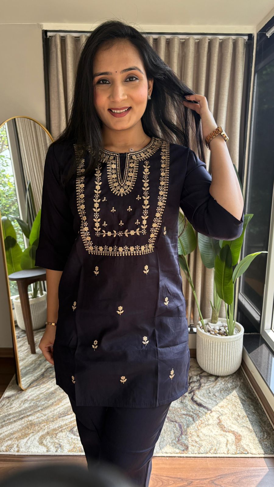 Deep Navy Blue Silk Corde Kurta Set with Golden Embroidery