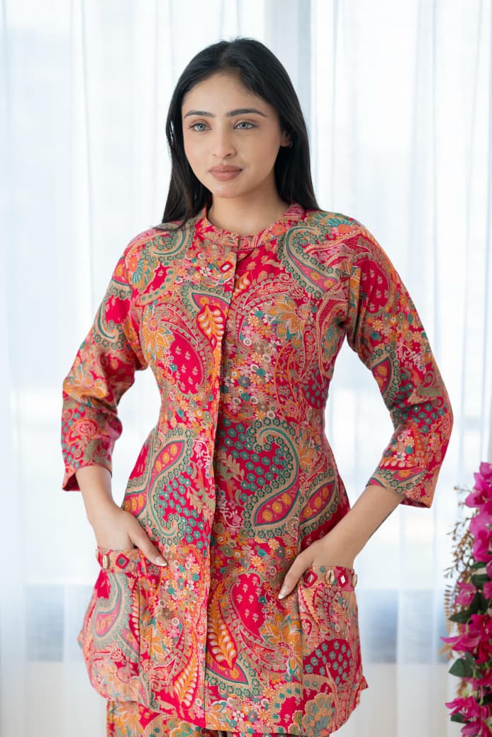 Premium Pure Viscose Vetican Worked A-Line Top with Palazzo Co-Ord Set