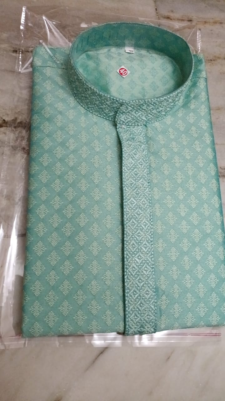 Men’s Light Teal Green Jacquard Cotton Kurta with Embroidered Placket