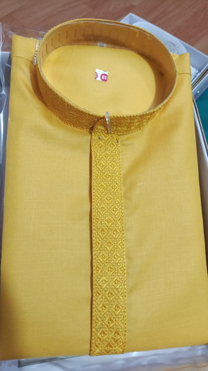 Men’s Mustard Yellow Cotton Kurta with White Churidar