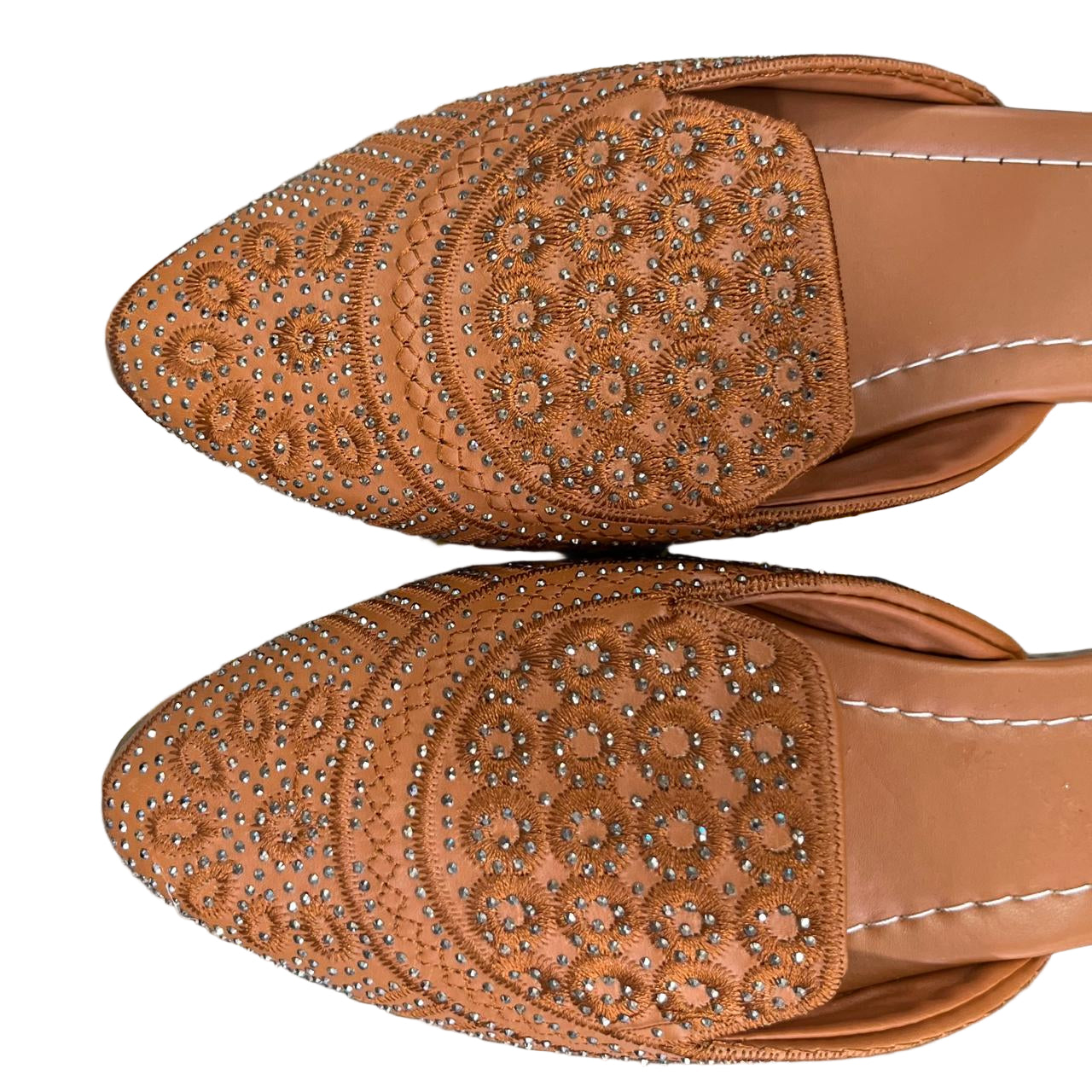 "Women's Embroidered Tan Jutti Slip-On Flats with Crystal Detailing"