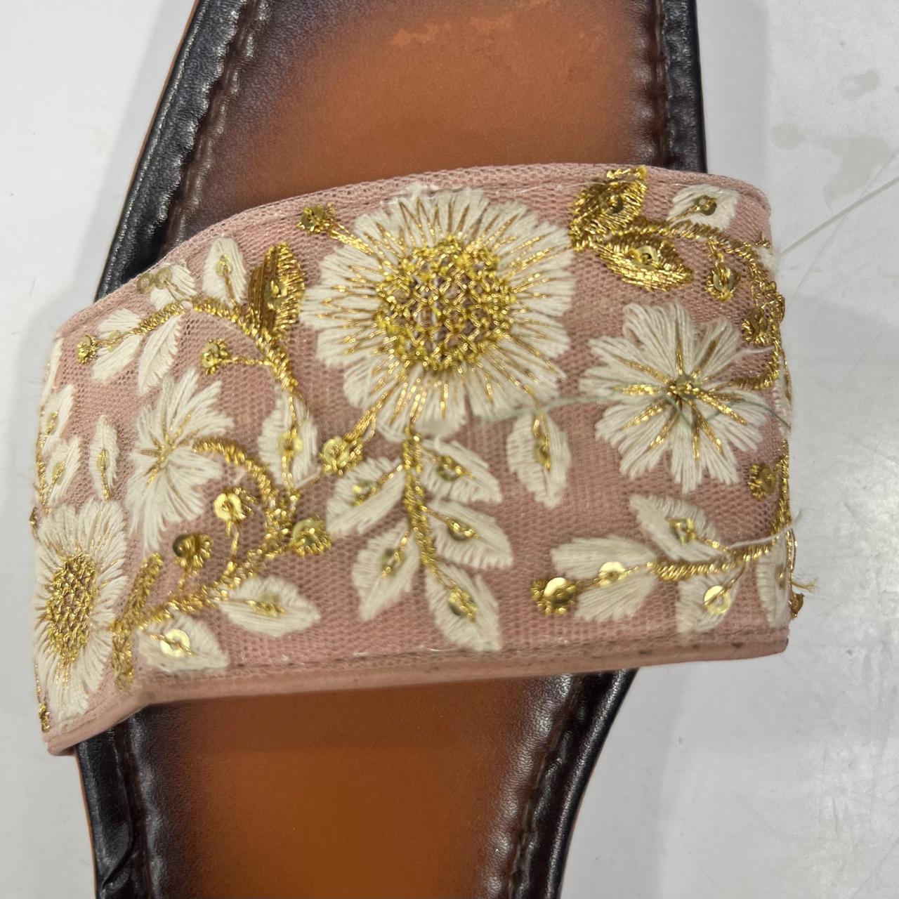 Embroidered Blush Pink Ethnic Slip-On Flats with Golden Detailing