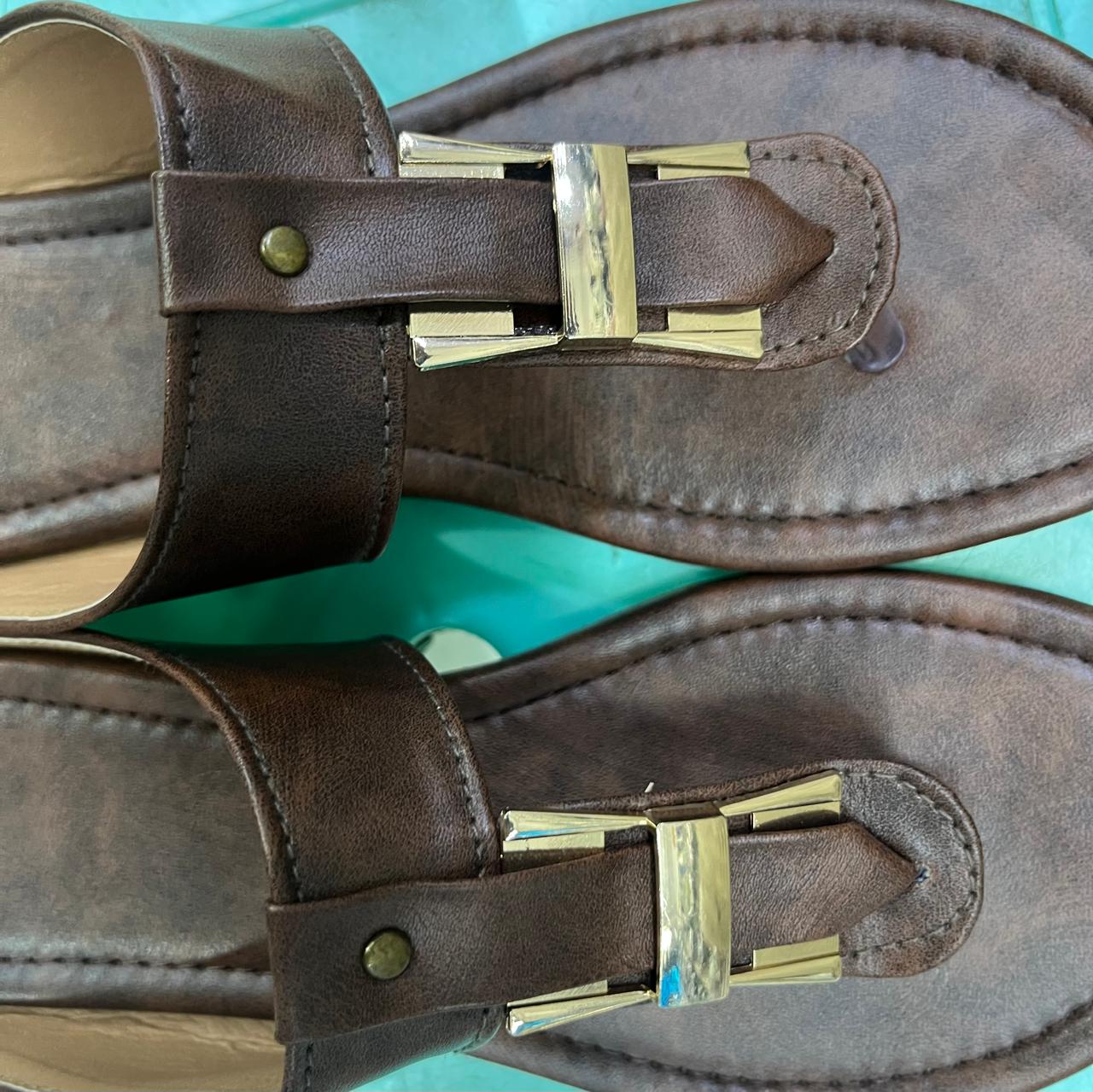 Brown Leatherette Kolhapuri Sandals with Golden Buckle Detail – Casual & Ethnic Footwear