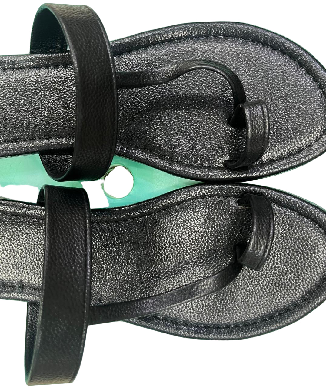 Black Leatherette Flat Sandals with Toe Loop & Broad Strap