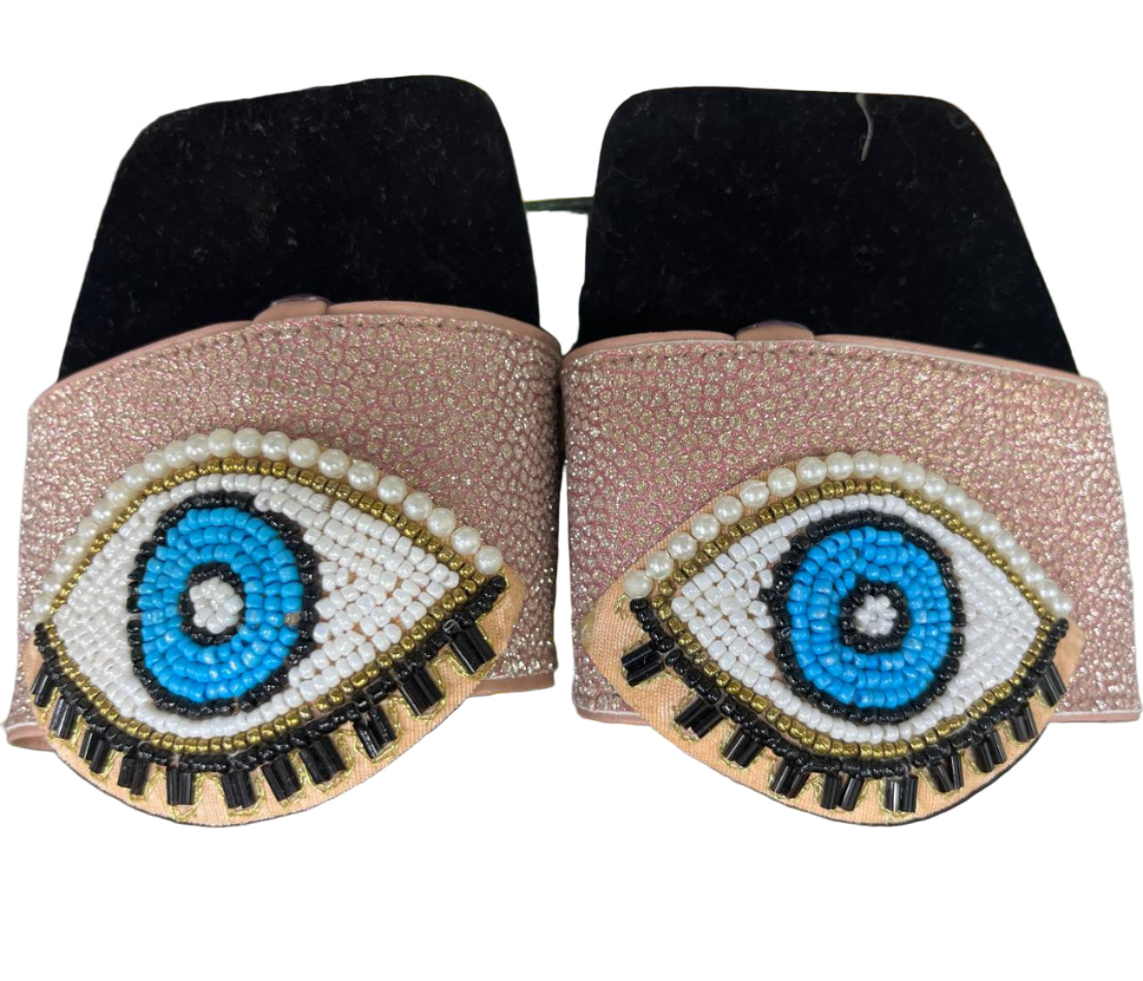 Pink Beaded Evil Eye Slip-On Sandals for Women