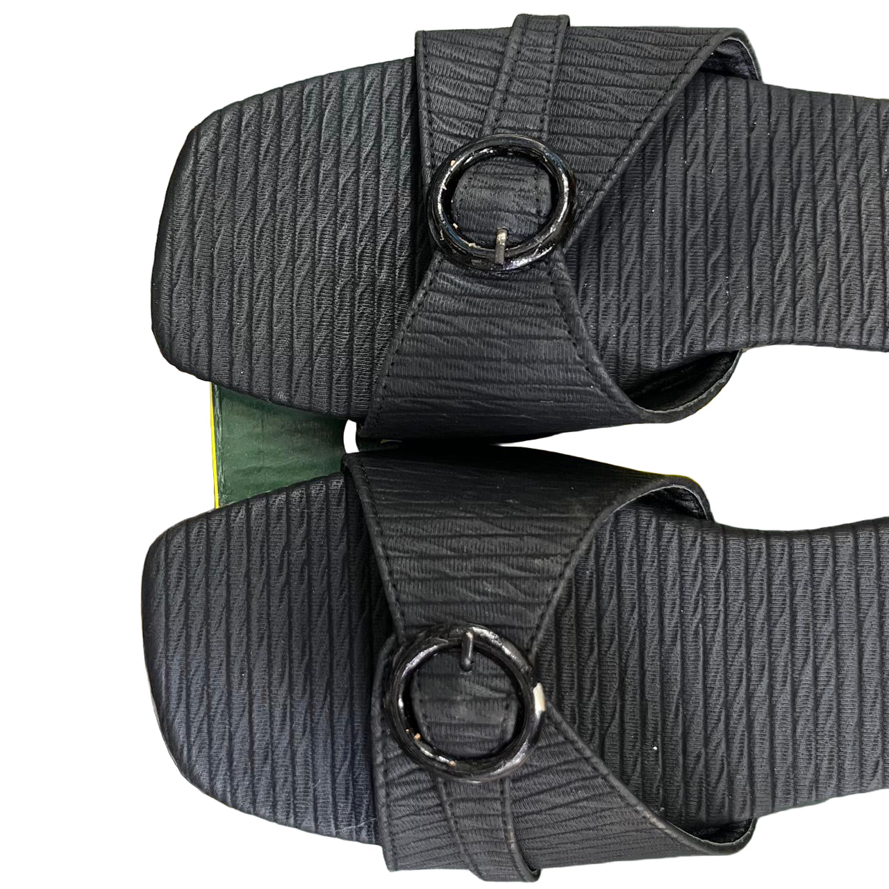 Women's Grey Textured Buckle Strap Open-Toe Flat Slippers