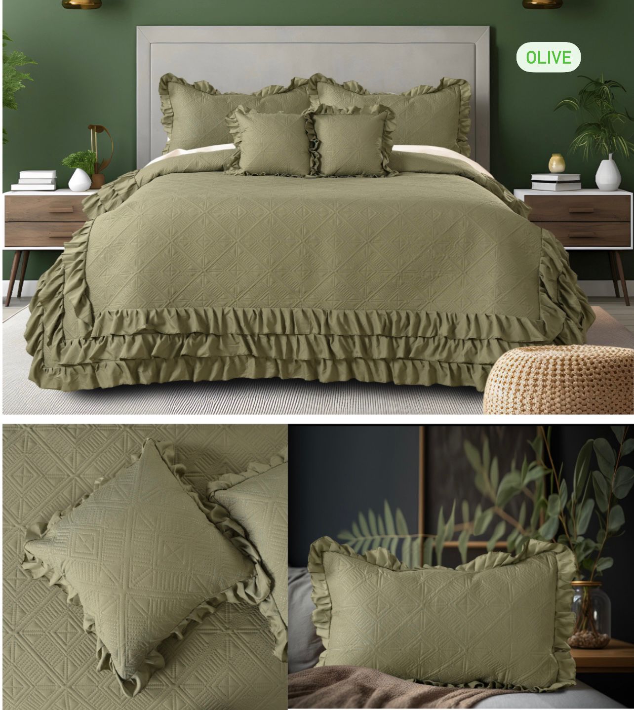 Premium Glace Cotton Embossed Bedcover with Frill Edges – Elegant Ruffled Bedding Set