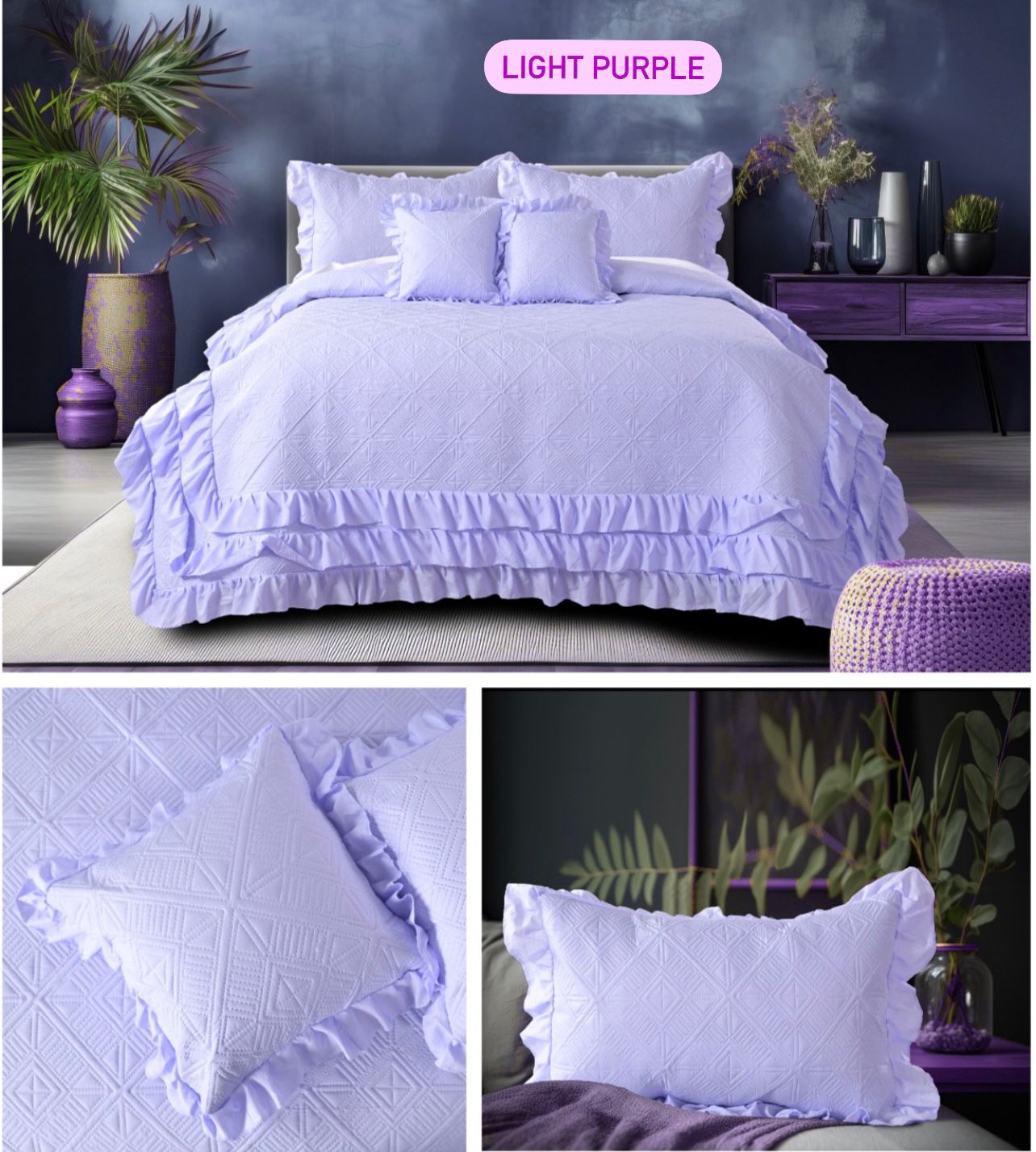 Premium Glace Cotton Embossed Bedcover with Frill Edges – Elegant Ruffled Bedding Set
