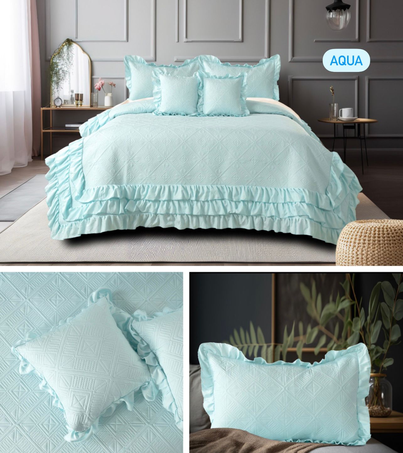 Premium Glace Cotton Embossed Bedcover with Frill Edges – Elegant Ruffled Bedding Set
